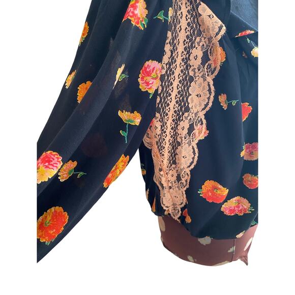 FREE PEOPLE INTIMATELY BLACK FLORAL LONG SLEEVE LACE & RUFFLE SNAP BODY SUIT - Picture 3 of 8